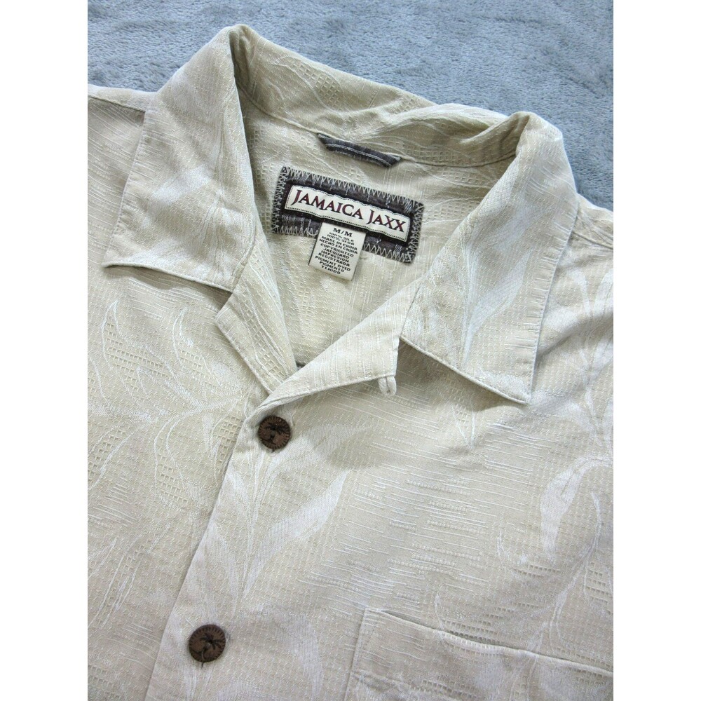 Jamaica Jaxx Men's Medium Hawaiian Shirt Tropical Silk Collared Short Slv Beige
